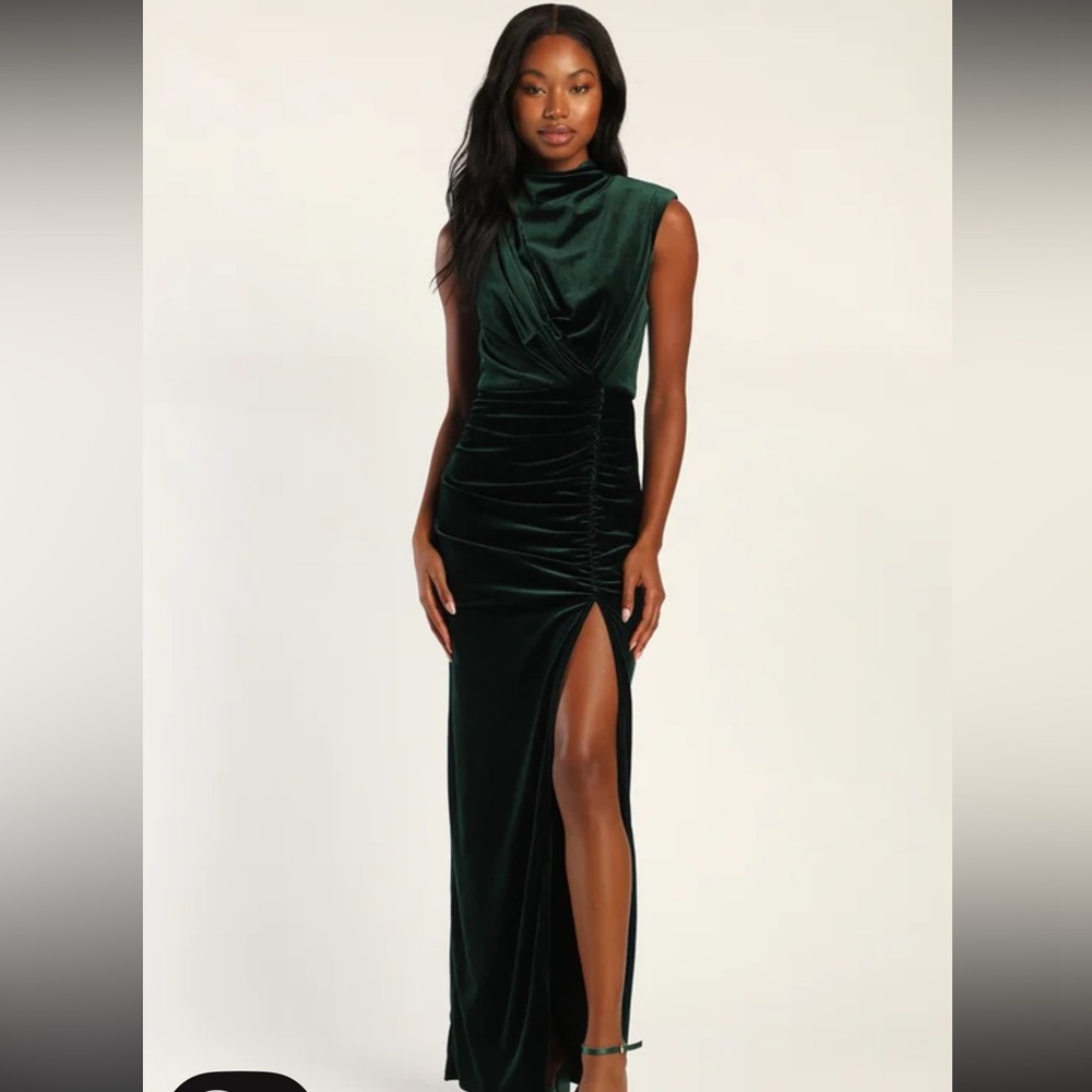 Lulus alluring image emerald ruched velvet mock neck dress. Stretchy material